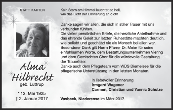 Traueranzeige von Alma Hilbrecht von Waldeckische Landeszeitung