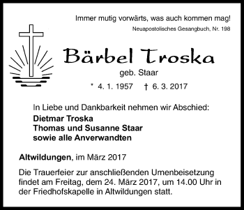 Traueranzeige von Bärbel Troska von Waldeckische Landeszeitung