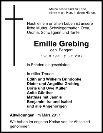 Traueranzeige von Emilie Grebing von Waldeckische Landeszeitung