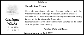 Traueranzeige von Gerhard Wicke von Waldeckische Landeszeitung