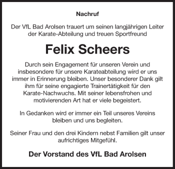 Traueranzeige von Felix Scheers von Waldeckische Landeszeitung