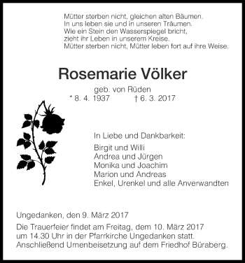 Traueranzeige von Rosemarie Völker von Waldeckische Landeszeitung