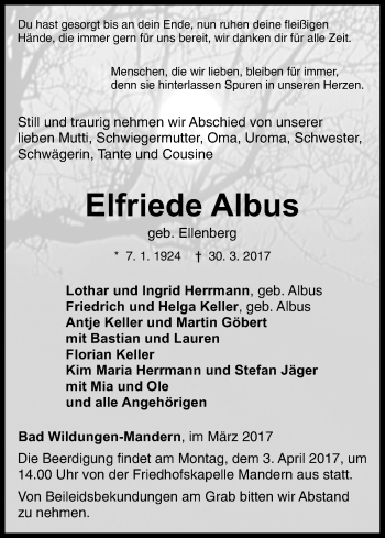 Traueranzeige von Elfriede Albus von Waldeckische Landeszeitung