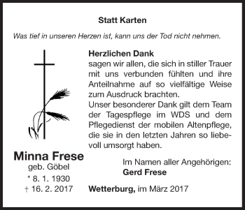 Traueranzeige von Minna Frese von Waldeckische Landeszeitung