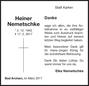 Traueranzeige von Heiner Nemetschke von Waldeckische Landeszeitung