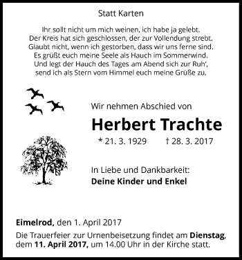 Traueranzeige von Herbert Trachte von Waldeckische Landeszeitung