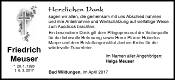 Traueranzeige von Friedrich Meuser von Waldeckische Landeszeitung