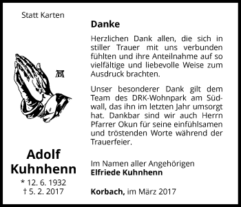 Traueranzeige von Adolf Kuhnhenn von Waldeckische Landeszeitung