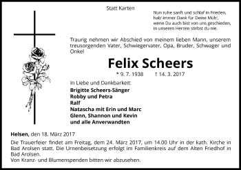 Traueranzeige von Felix Scheers von Waldeckische Landeszeitung