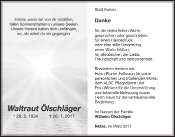 Traueranzeige von Waltraut Ölschläger von Waldeckische Landeszeitung