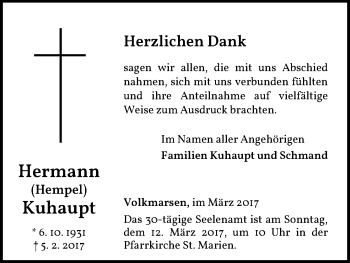 Traueranzeige von Hermann Kuhaupt von Waldeckische Landeszeitung
