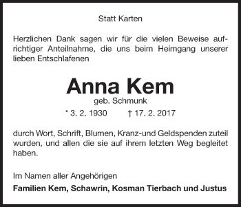 Traueranzeige von Anna Kem von Waldeckische Landeszeitung
