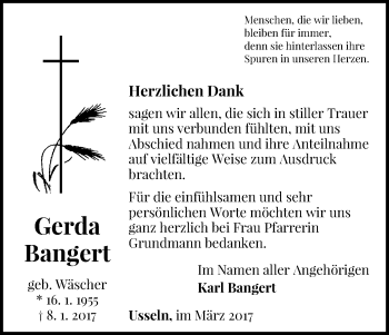 Traueranzeige von Gerda Bangert von Waldeckische Landeszeitung