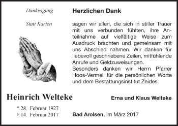 Traueranzeige von Heinrich Welteke von Waldeckische Landeszeitung