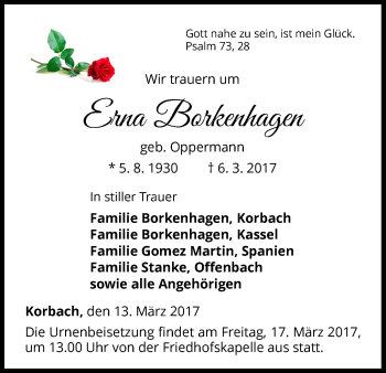 Traueranzeige von Erna Borkenhagen von Waldeckische Landeszeitung