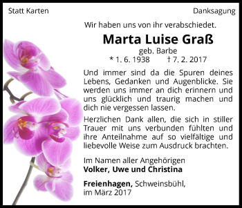 Traueranzeige von Marta Luise Graß von Waldeckische Landeszeitung