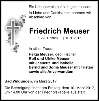 Traueranzeige von Friedrich Meuser von Waldeckische Landeszeitung