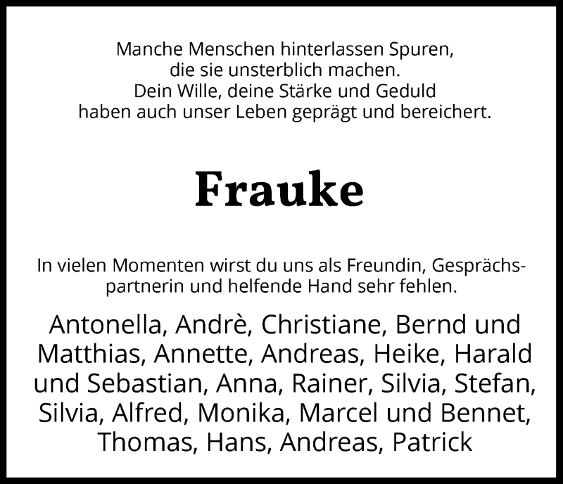  Traueranzeige für Frauke Bartosch vom 30.03.2017 aus Waldeckische Landeszeitung
