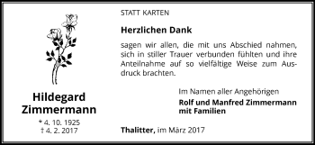 Traueranzeige von Hildegard Zimmermann von Waldeckische Landeszeitung