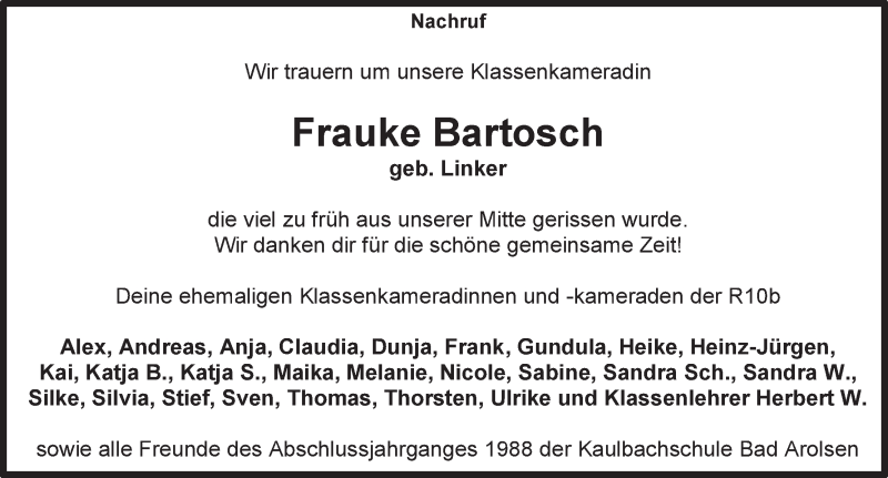  Traueranzeige für Frauke Bartosch vom 31.03.2017 aus Waldeckische Landeszeitung