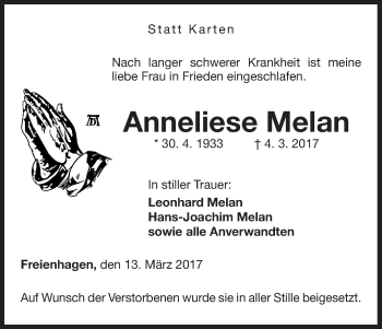 Traueranzeige von Anneliese Melan von Waldeckische Landeszeitung