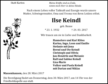 Traueranzeige von Ilse Keindl von Waldeckische Landeszeitung