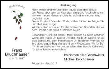 Traueranzeige von Franz Bruchhäuser von Waldeckische Landeszeitung