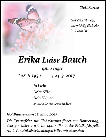 Traueranzeige von Erika Luise Bauch von Waldeckische Landeszeitung