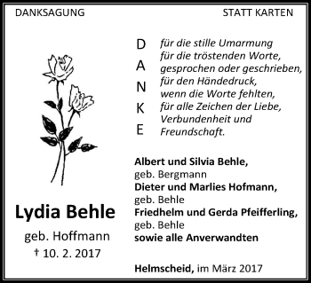 Traueranzeige von Lydia Behle von Waldeckische Landeszeitung