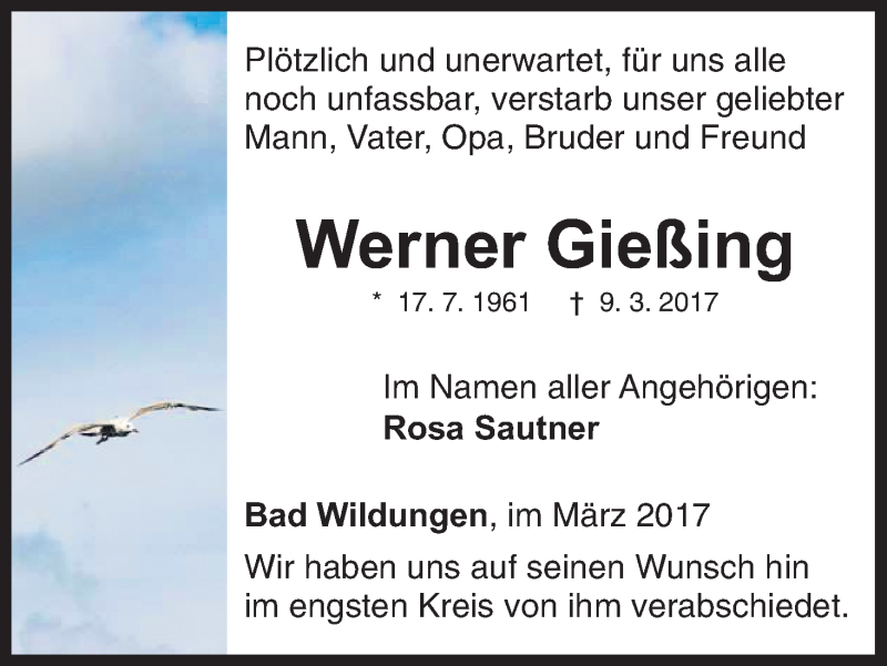  Traueranzeige für Werner Gießing vom 23.03.2017 aus Waldeckische Landeszeitung