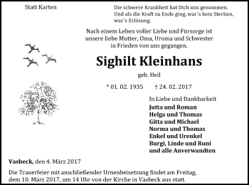 Traueranzeige von Sighilt Kleinhans von Waldeckische Landeszeitung