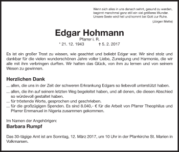 Traueranzeige von Edgar Hohmann von Waldeckische Landeszeitung