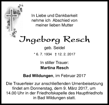 Traueranzeige von Ingeborg Resch von Waldeckische Landeszeitung