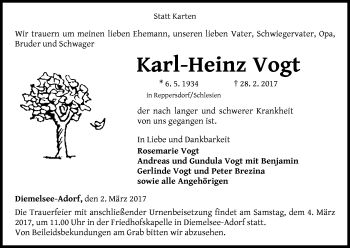 Traueranzeige von Karl-Heinz Vogt von Waldeckische Landeszeitung