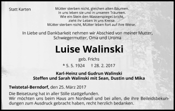 Traueranzeige von Luise Walinski von Waldeckische Landeszeitung