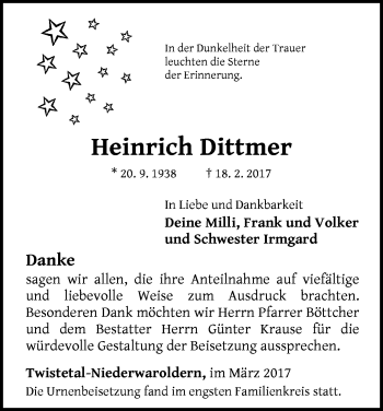 Traueranzeige von Heinrich Dittmer von Waldeckische Landeszeitung