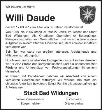 Traueranzeige von Willi Daude von Waldeckische Landeszeitung