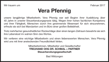 Traueranzeige von Vera Pfennig von Waldeckische Landeszeitung