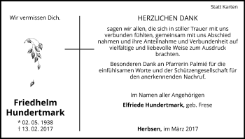 Traueranzeige von Friedhelm Hundertmark von Waldeckische Landeszeitung