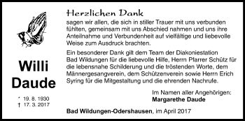 Traueranzeige von Willi Daude von Waldeckische Landeszeitung