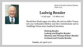Traueranzeige von Ludwig Bender von Waldeckische Landeszeitung