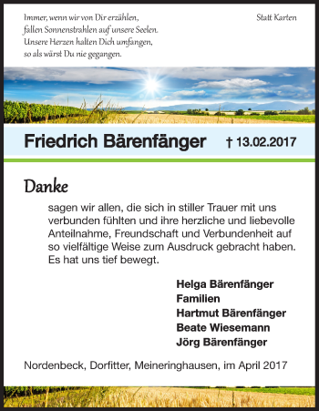 Traueranzeige von Friedrich Bärenfänger von Waldeckische Landeszeitung