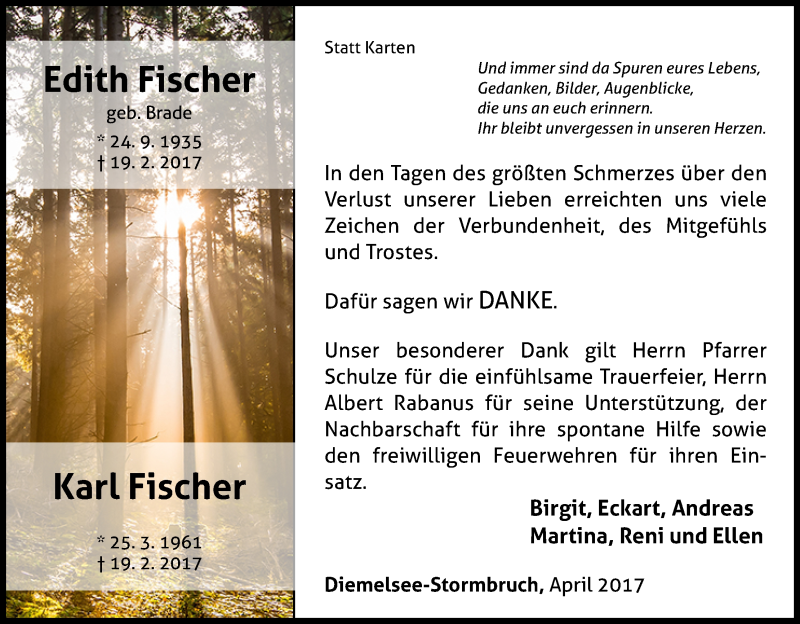  Traueranzeige für Karl Fischer vom 08.04.2017 aus Waldeckische Landeszeitung