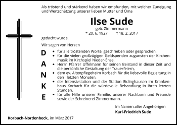 Traueranzeige von Ilse Sude von Waldeckische Landeszeitung