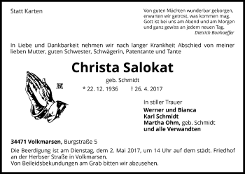 Traueranzeige von Christa Salokat von Waldeckische Landeszeitung