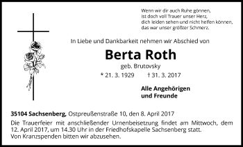 Traueranzeige von Berta Roth von Waldeckische Landeszeitung