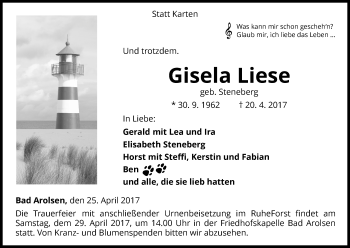 Traueranzeige von Gisela Liese von Waldeckische Landeszeitung