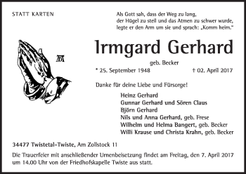 Traueranzeige von Irmgard Gerhard von Waldeckische Landeszeitung