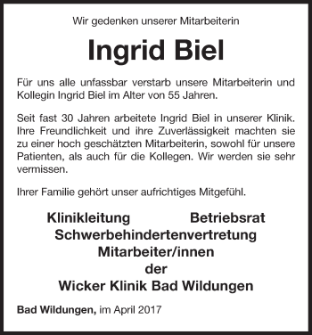 Traueranzeige von Ingrid Biel von Waldeckische Landeszeitung