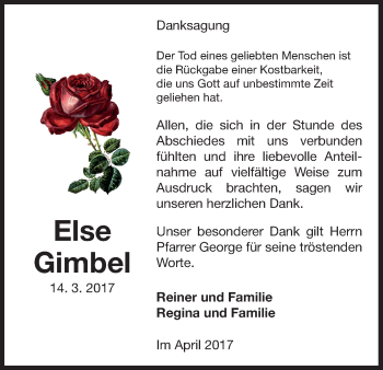 Traueranzeige von Else Gimbel von Waldeckische Landeszeitung